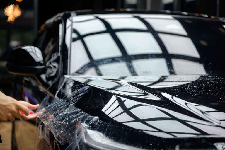 Paint protection film being applied to a hood