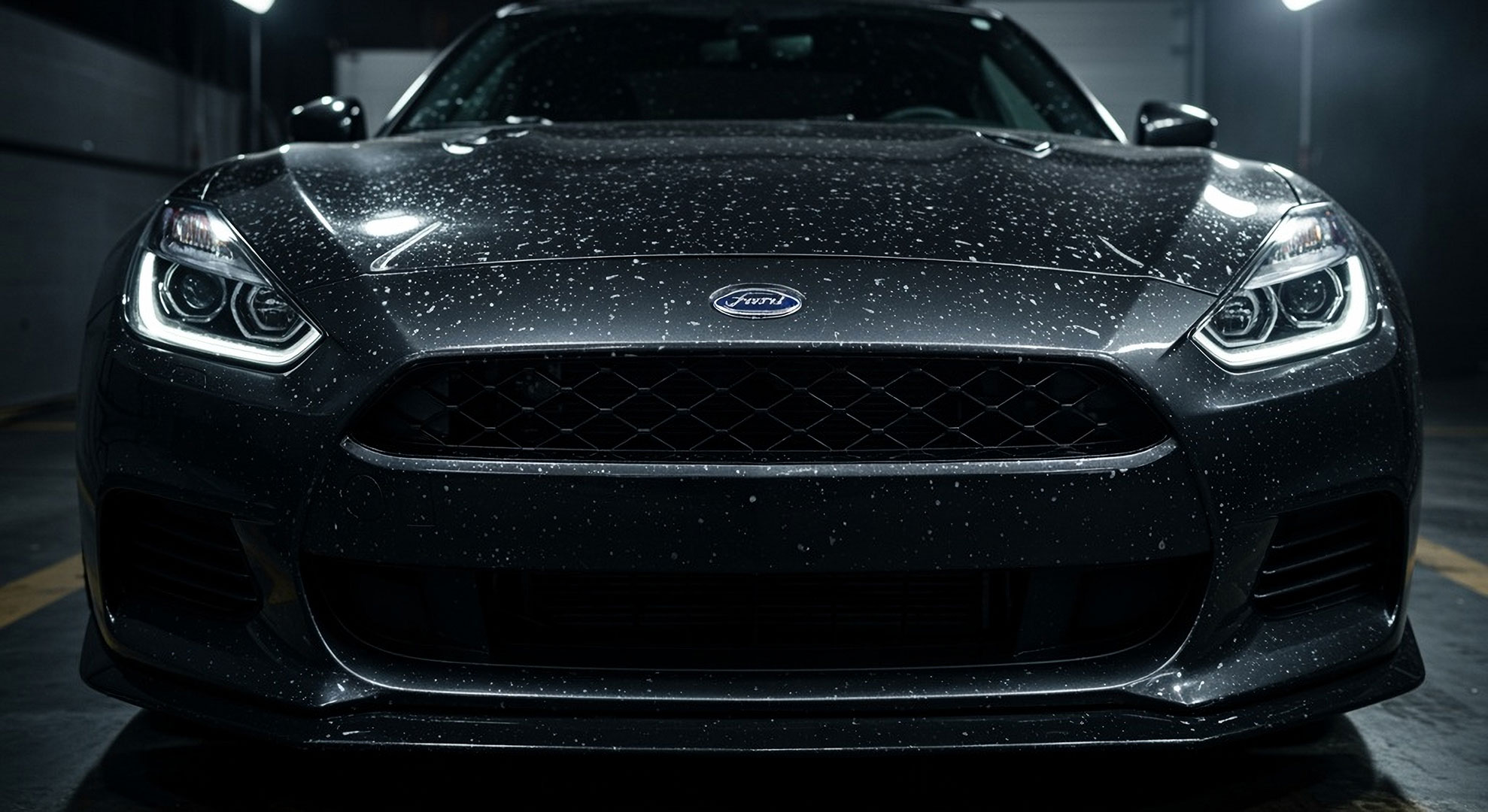 Black vehicle front end with smoked headlights